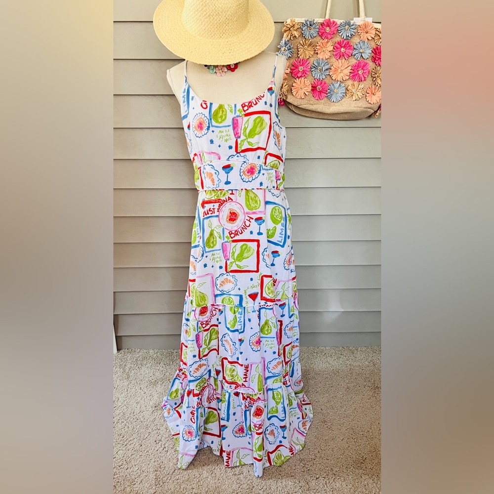Cynthia Rowley Colorful Graphic tiered Maxi Dres Linen Blend size XL  NWOT